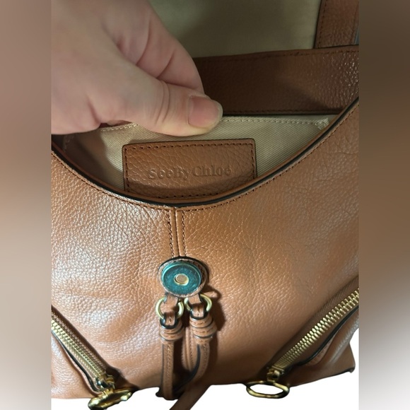 CHLOE bag | See by Chloe brown pebbled leather backpack purse with gold hardware - Picture 7 of 11